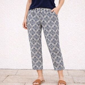 Loft Riviera Pant Cotton Julie Beige Navy Geometric Print Crop Ankle Pants Sz 8